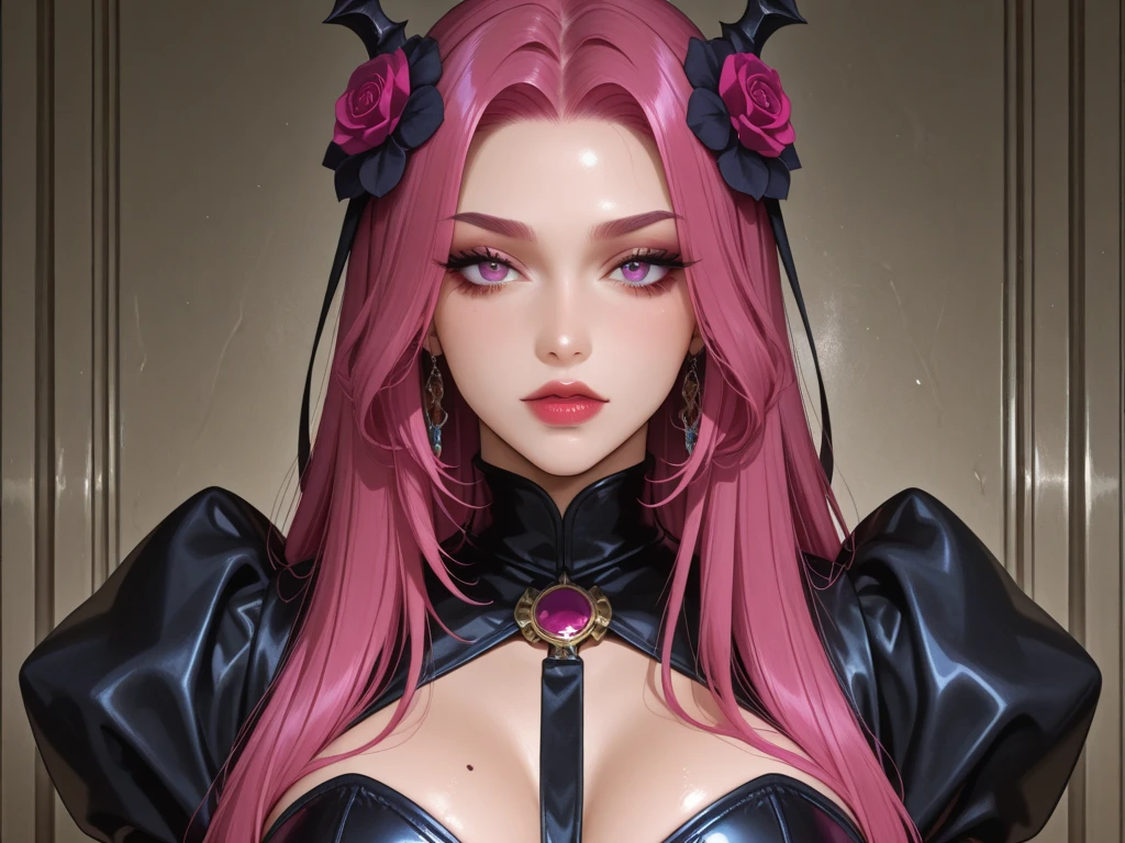 anime girl with a crown on her head and a pink background, trending on pixiv, gothic art, wicked smile, beautiful vampire queen, digital art from danganronpa, malevolent smile, [[[[grinning evily]]]], vampire girl, beautiful vampire female queen, demon anime girl