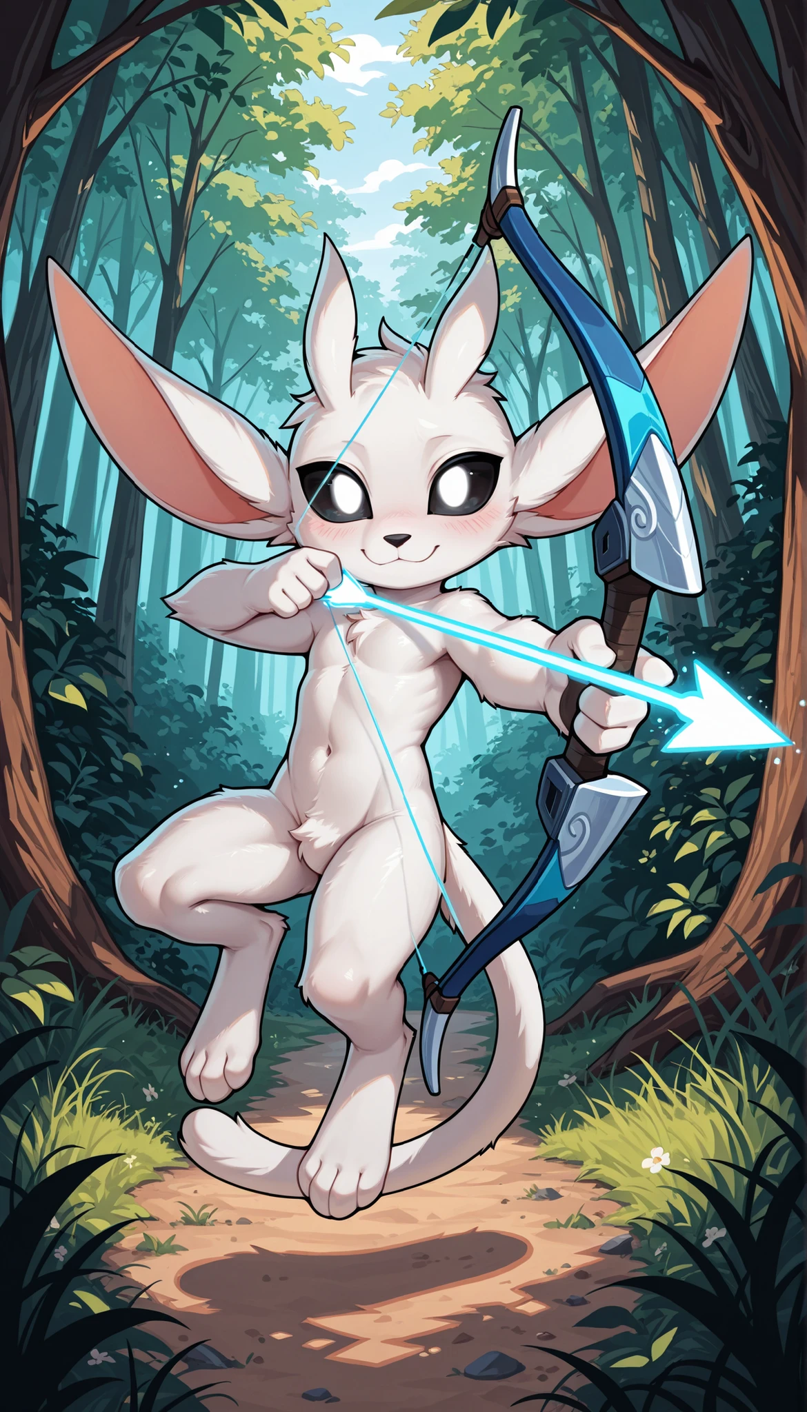 masterpiece, best quality, highres, very aesthetic, absurdres, newest, 1boy, solo, male, furry, ori_il, ori, tail, black sclera, white eyes, chibi, solo, blush, male focus, furry, looking at viewer, furry male, 1boy, outdoors, :3, closed mouth, body fur, tail, animal nose, happy, white fur, feets with three toes, jumping, drawing bow (weapon), aiming at viewer, energy arrow (projectile), energy bow (weapon), holding bow (weapon), aiming, magic weapon, confident,