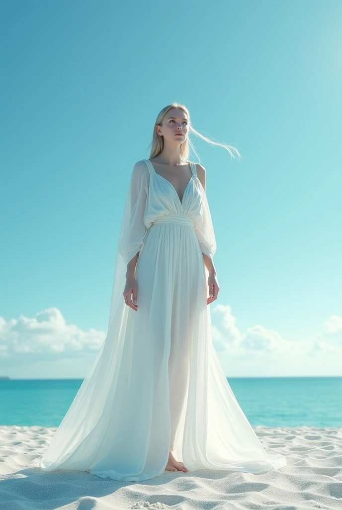 Beautiful beach at sunset、Good looks like a model、20-year-old European Caucasian beauty、Four Angels、4 Silver-Haired Beauty and Blonde Beauty、、Perfect slim style、Perfect good looks、Sheer sheer white clothes with a lot of exposure、Sheer White Shawl
