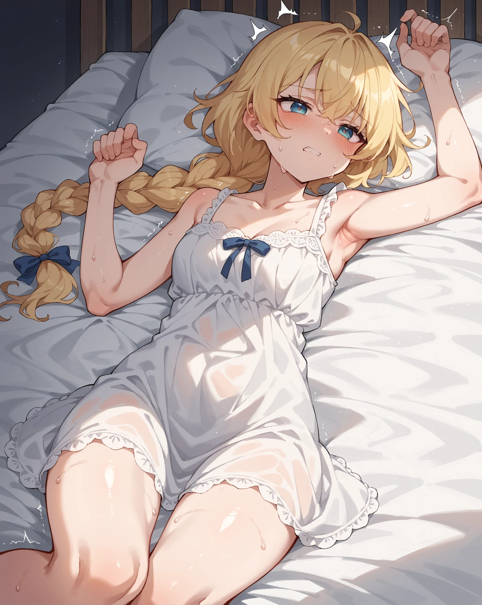 (best quality, masterpiece),full body, 1 girl, solo, mine ,nsfw, details, (Light and shadow oxtail , Cute girl posing on pillow ,steam, pillow humping,(pillow ride), masturbation, pillow straddling, crotch rub, hump,open mouth , kneeling,(Steaming hot),(pillow), (((frilled pillow))), base on anime, LatifaFleuranza, blonde hair, blue eyes, very long hair, tiara, LatifaPajama, pajamas