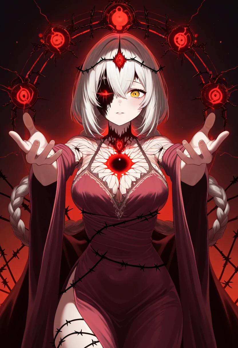 (Ashenhardt Style:1.4), masterpiece, 最high quality, high quality,(Glows dark red、Has red eyes、darknessに囲まれた暗い形のない生き物:1.2), (profile), (darkness:1.2), Abstraction, deep sea, Award-winning photography, Depth of written boundary, High resolution, Very detailed, Art Station Trends, CGSociety Trends, Complex, High detail,(masterpiece:1.2, 最high quality), (Best lighting, Very delicate and beautiful), (Best lighting, Very delicate and beautiful), (Beautifully detailed face), (Detailed eyes and detailed face:1.2), Dark fantasy, (Young girl, Little Beast, One girl, alone, Crazy Smile, Pale skin,19 earrings,((Tattoos all over the body,Tribal tattoos all over the legs)) Gray Hair, Glowing red eyes, Dynamic Angle, vampire), (get chains, magic circle, Graffiti on the wall, background)),conjuring a demon), Magic Thunder, pointed_ear, tooth,Devil's Wings,Devil horns,There was blood on my face.,Rain of blood,blood mist,(Depth of written boundary),High Contrast,(Blood splatter:1.4),Cowboy Shot,whole body, Black lace-up thigh-high boots,shout, Sacrifice, Magnificent stage, glowing red eyes,