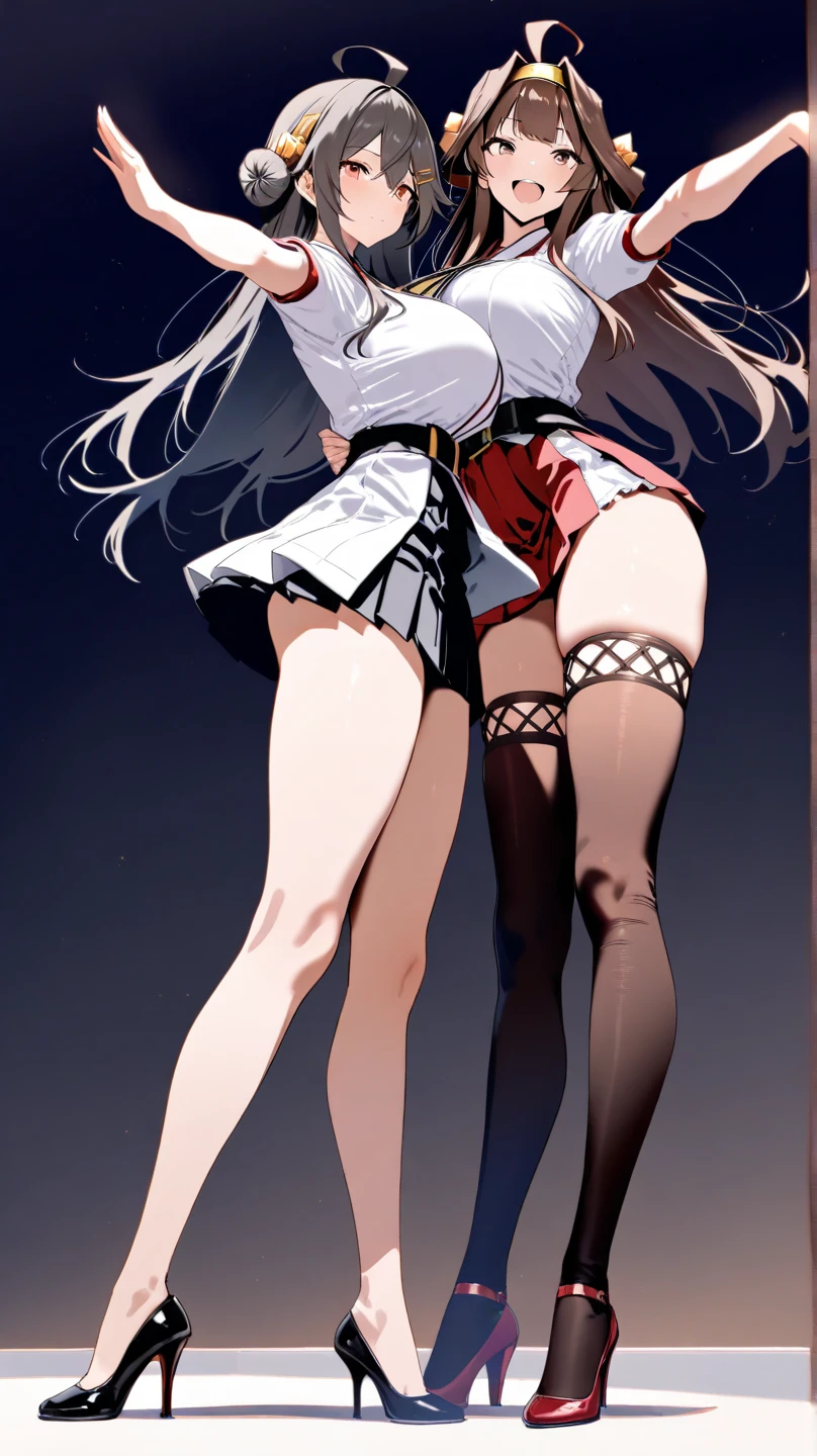 ((masterpiece, high resolution, better quality, better details)), ((Marin Kitagawa)), ((Smiling)), ((one girl)) a girl modeling standing, mini skirt, blouse, ((big neckline)), ((platform high heels)), pink eyes with black outline, (light blonde hair, straight hair, straight bangs, long hair)), long nails, pink nails, (((curvy body))), shiny skin, ((side view)), solo, bare shoulders, full body, focus full body, high heels, ((White background)),