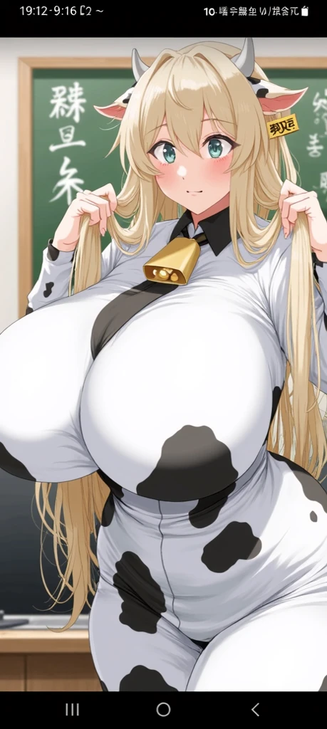 masterpiece, Highest quality, Ultra-high resolution, Beautiful and detailed hair and face, Perfect feminine face, smile, Grey Eyes, Anime drawings inspired by Shigeru Ono, Pixiv, danbooru, (Condolences_(Lüeun)), (((Charming Elven Queen))), Straight Long Hair, ((Huge breasts:1.6)), Chest Curtain, Let go of my chest, (Saggy breasts), Pointed Ears, long Pointed Ears, Earrings, hoop Earrings, Blonde, Hair between the eyes, ((Cow print clothing)), paste, bell paste, Golden Bell, ((pasteed shirt)), Loose button-up, Long sleeve, Pencil Skirt, Black Skirt, Knee socks, black Knee socks, (Are standing), art:Sakimi-chan, George Kamitani, Akira Yasuda