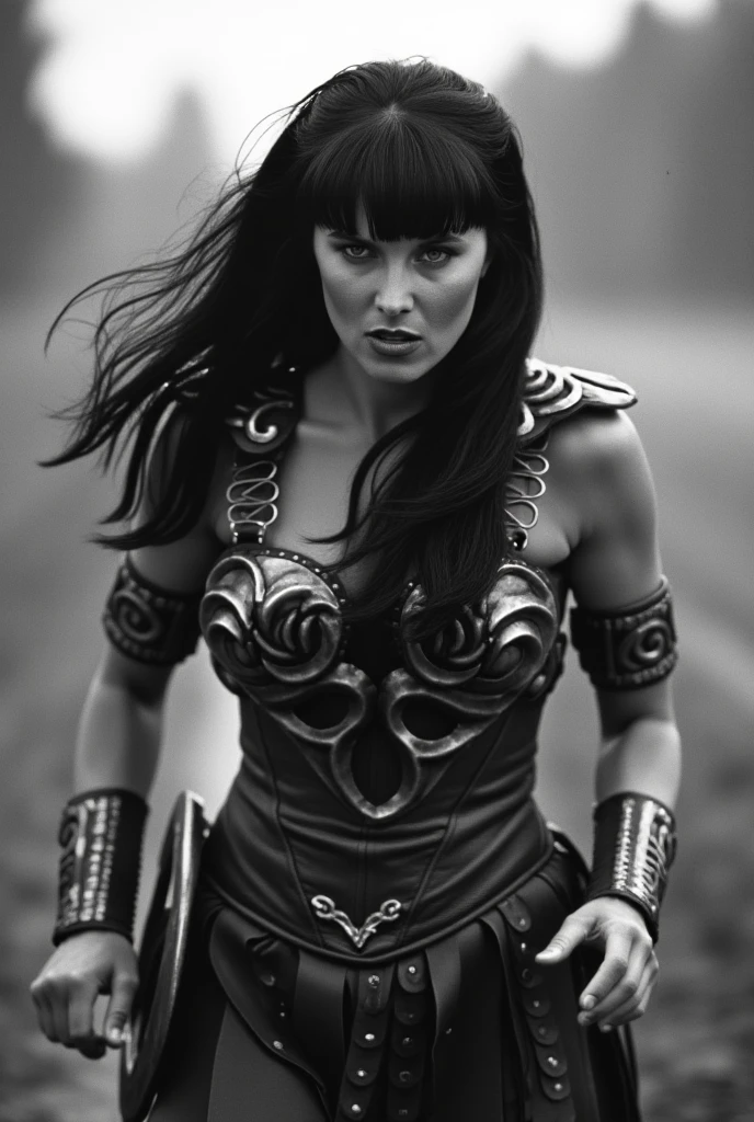 A woman dressed as a MEDIEVAL WARRIOR, Steel sword in hand, Concentrate on the front part, becomes a curvy physique, Beyonce in shape toned, thick, thick thieves, Beyonce in shape, fit woman, fitness model, muscular thicc thighs , Physical aptitude, thicc thighs! toned body, Giant tits, ebony skin tone, Long wavy hair, Giantess woman, Fine body, on battlefield, chuva pesada, fog, body soaking wet, cinematic: black andwhite, Excellent lighting
