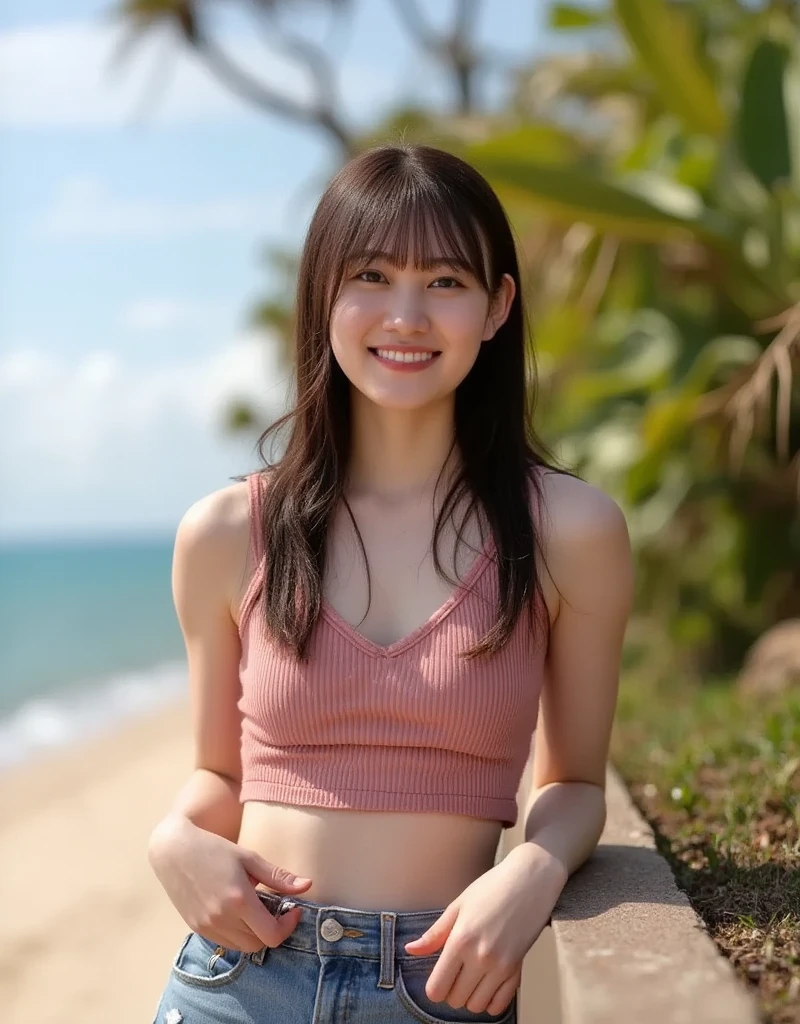 Full Body Shot、Tropical sandy beach、(8k RAW photos, Highest quality, masterpiece, 8k-UHD), (Realistic, photoRealistic: 1.37), (anatomically accurate and Realistic skin), Ultra-high resolution, Depth of written boundary, Cinema Lighting, Film Grain, Very cute 16 year old girl, Tips, Red eyes, Long eyelashes, Sagging under the eyes, Cute face, Highly detailed eyes and hair, Beautifully detailed skin, Smile, Brown Hair, Thick bangs, Shiny Hair, Ample breasts、Cute spring clothes、T-Shirts、