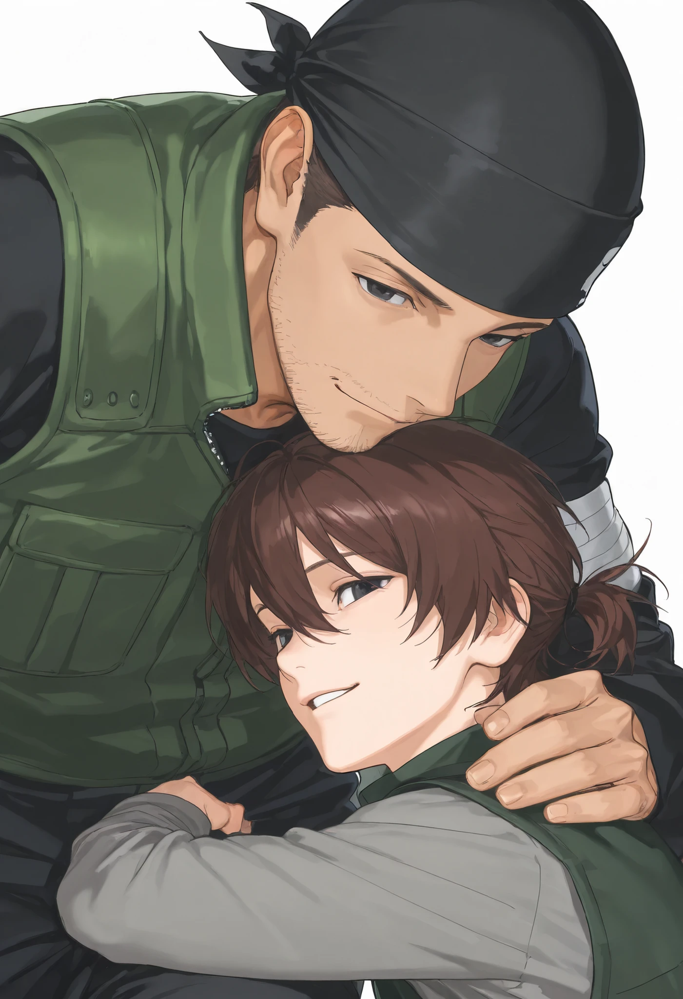 score_9, score_8_above, score_7_above, score_6_above, \(quality\), 1male, medium fluffy brown hair, tied hair tuck, taller frame, stubble facial hair, dark eyes, wearing a dark blue overalls, long sleeve, smiling, ninja bandana on the arm, dark green vest,Colored_NarutoManga_ownwaifu