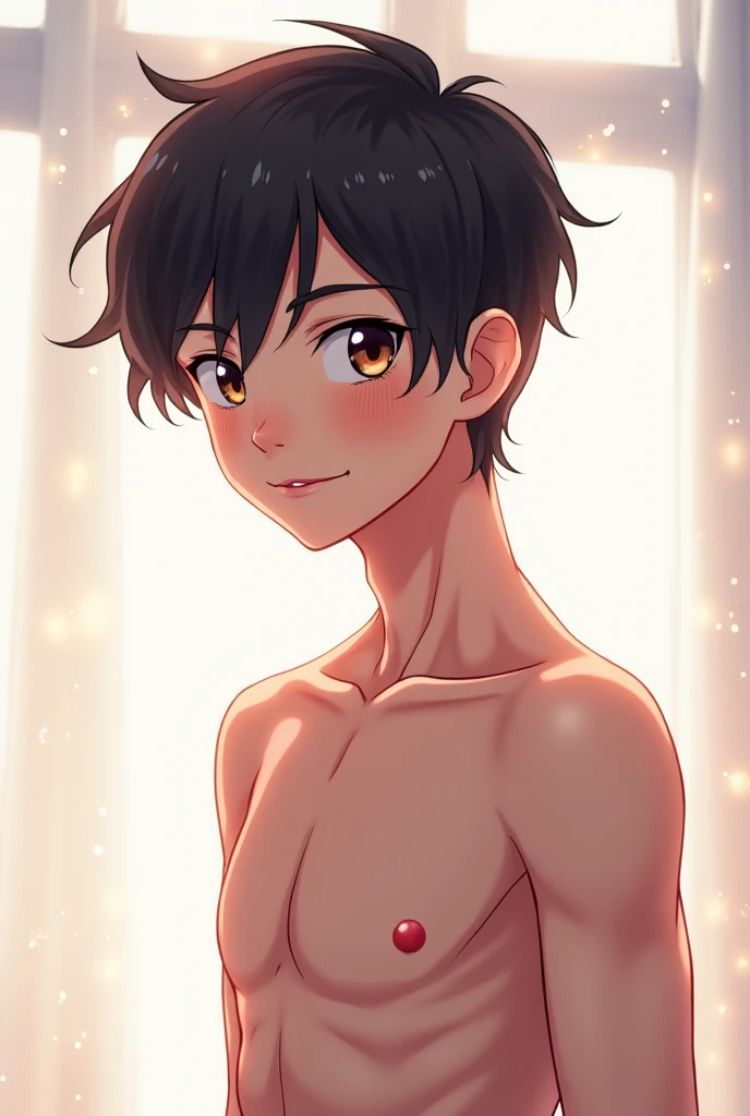Highres, Masterpiece, Best quality at best,Best Quality,hight quality, hight detailed, Anime screencap style, 1boy, Young boy, Shota, Shirtless, topless, Elf ear, earring, Straight hair, Seen from the front, look at viewer, (very young boy), (very small and short body), Age 12, Such a cute smooth armpit, Cute armpit, sexy armpit, The armpits of a 12 year old boy, Adorable little armpits, seductive armpits, showing armpit, City, Blurry beckground, hansome boy, Uhd, 4k wallpaper