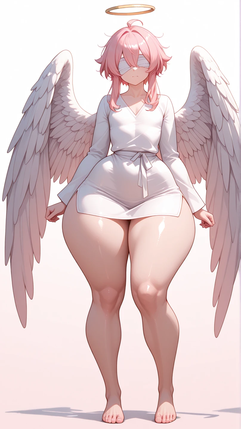 blank background, ((full body framing)), standing, (masterpiece), (best quality), huge girl, (muscular girl:0.8), (wide hips:1.5), (thin hair:1.7), massive breast, (long legs:1.6), big cleavage, cute:1.8, adorable:1.8, ((curvy:1.3)), angel girl, (white wings), ((naked)), (nude), halo,solo, 1girl, ((thick thighs:1.2))