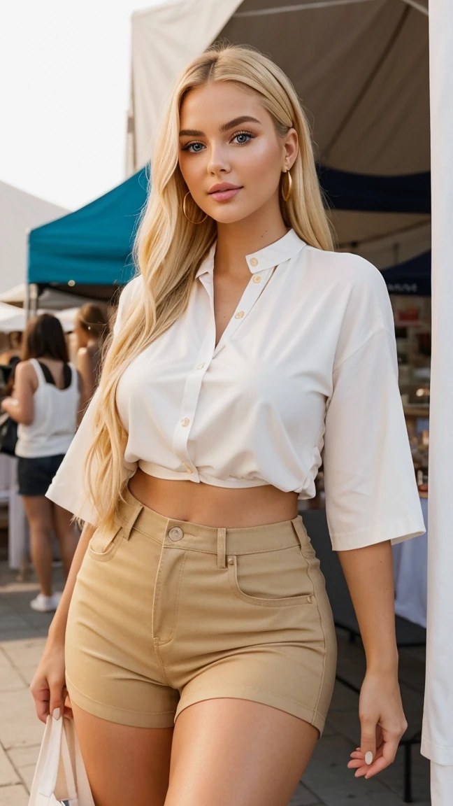 28 years old, cute little blonde, tight shorts, tight shirt, full body short, whymscal, natural smile, great teeth, shy eyes, looking for something in the middle of a Park, 4k, realistic, Sun light, steady photo.  - --auto --s2