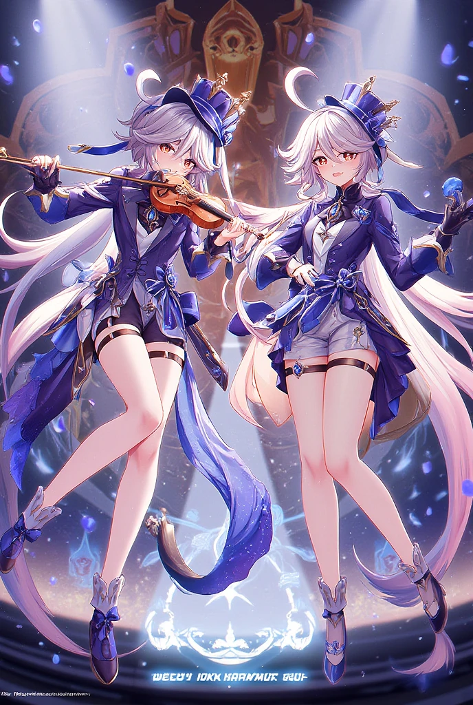 Close-up of two goddesses holding violins and bows, (fantasy violin), Ayaka Genshin impact, Detailed key anime art, Official artwork, tsuaii, A scene from the《azur lane》videogame, high detailed official artwork, Rem Rezero, fantasy violin, offcial art, nightcore, Splash art anime Loli, Blue-haired god,Beautiful and moving,Realistic1.4,huge tit
