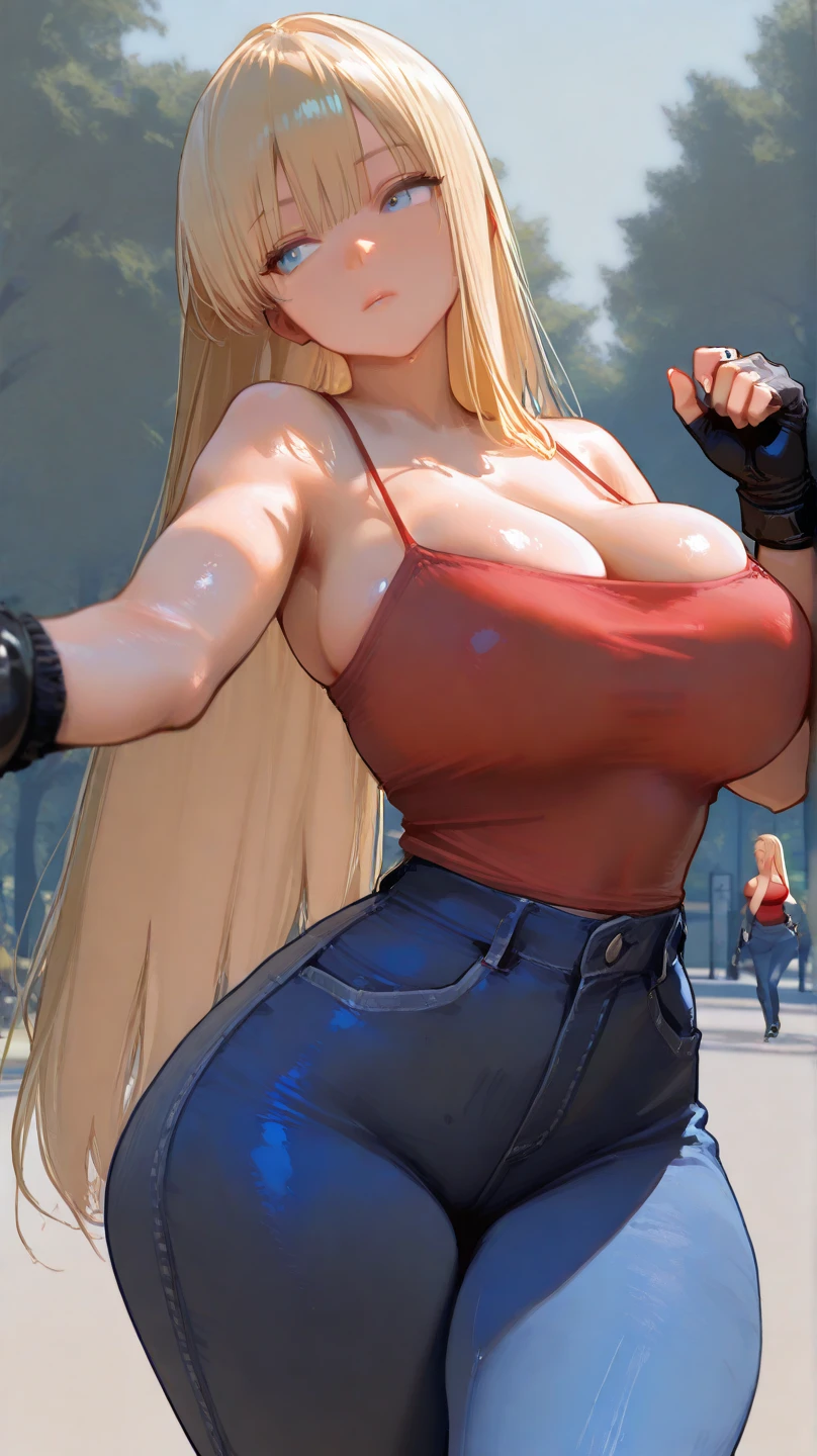 A fit young woman in her 20s wearing a bright red sports bra and black leggings. She has long, straight blonde hair tied in a high ponytail. Her expression is determined, huge boobs,she is walking