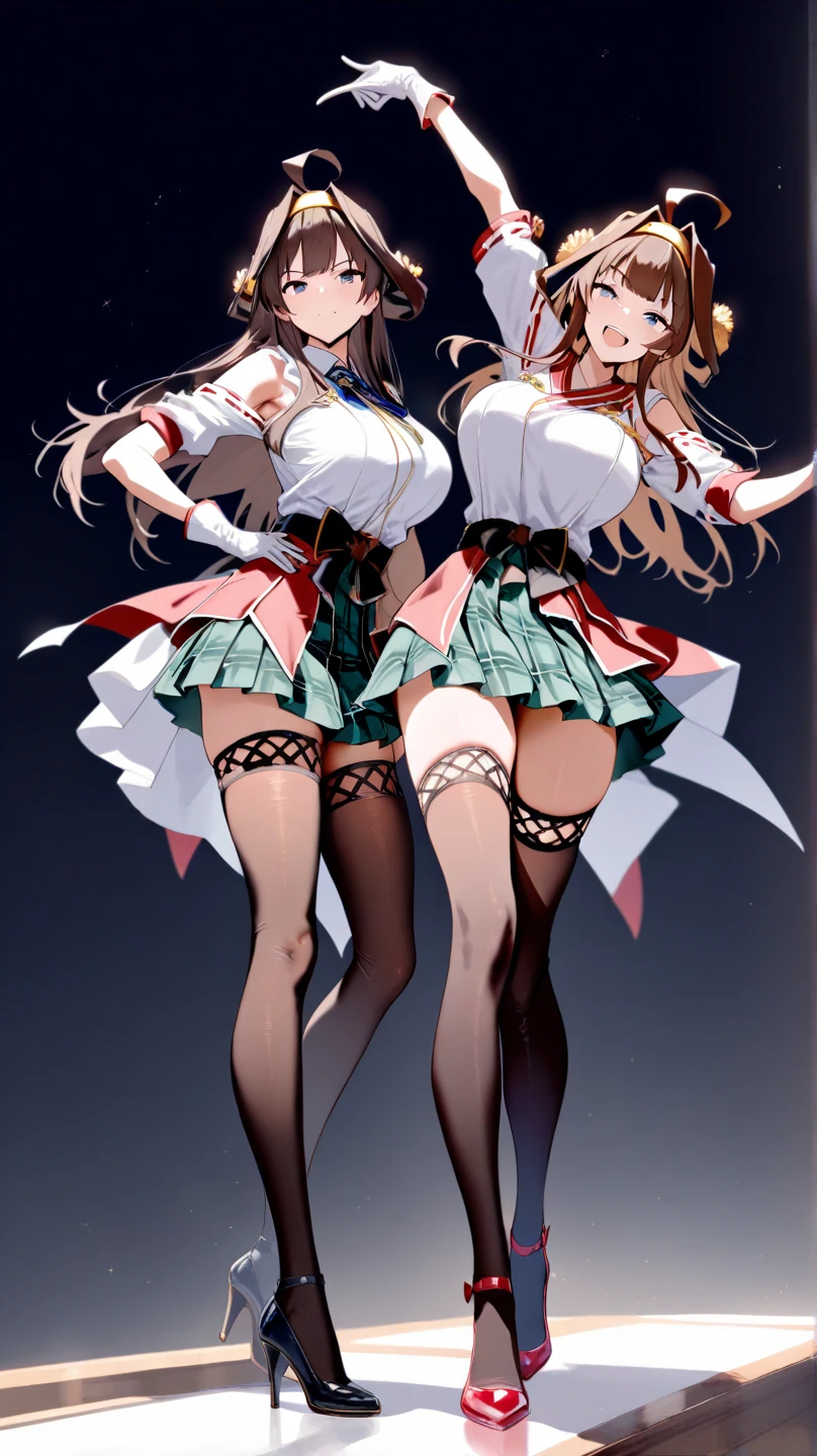 (HD, Sharp), 3 girls, Super Glossy Skin, (fluttering skirt, skirt lift, self lift, white underwear:1.1), Big breast, kind smile, sweetlip, black outfit, navel, white thighhighs, gloves, from below, scenery