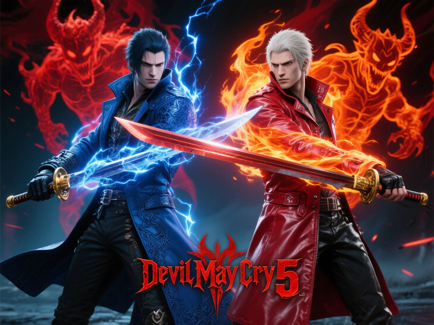 Make a movie poster for a movie called Shadow hunters where 2 men are fighting , a muscular man with messy brown hair , with brown pants medieval style, with blue demonic style tattoos this one has blue energy powers, , fighting a tall muscular blond haired man ,Long hair, with black pants and black boots, and he has red tattoos , Tattoos with demonic symbols.this one has red energy powers .
Movie poster style, Add this title called Shadow Hunters Redblue , and also say it premieres on August 28, 2040 and also say, director Mark Bravo