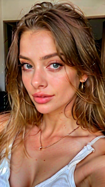 influenceuse blonde avec de longues, cheveux naturellement ondulés, yeux verts, sexuellement, grand, nue, look élégant et moderne, relaxant, tranquille, extravagant , 8k, extrêmement détaillé, Photoréaliste, Détails compliqués, Texture de peau réaliste, cheveux réalistes, texture, Béni, 8K UHD, Meilleure qualité, haute résolution, attention aux détails, très grand , Tir lointain, grand angle