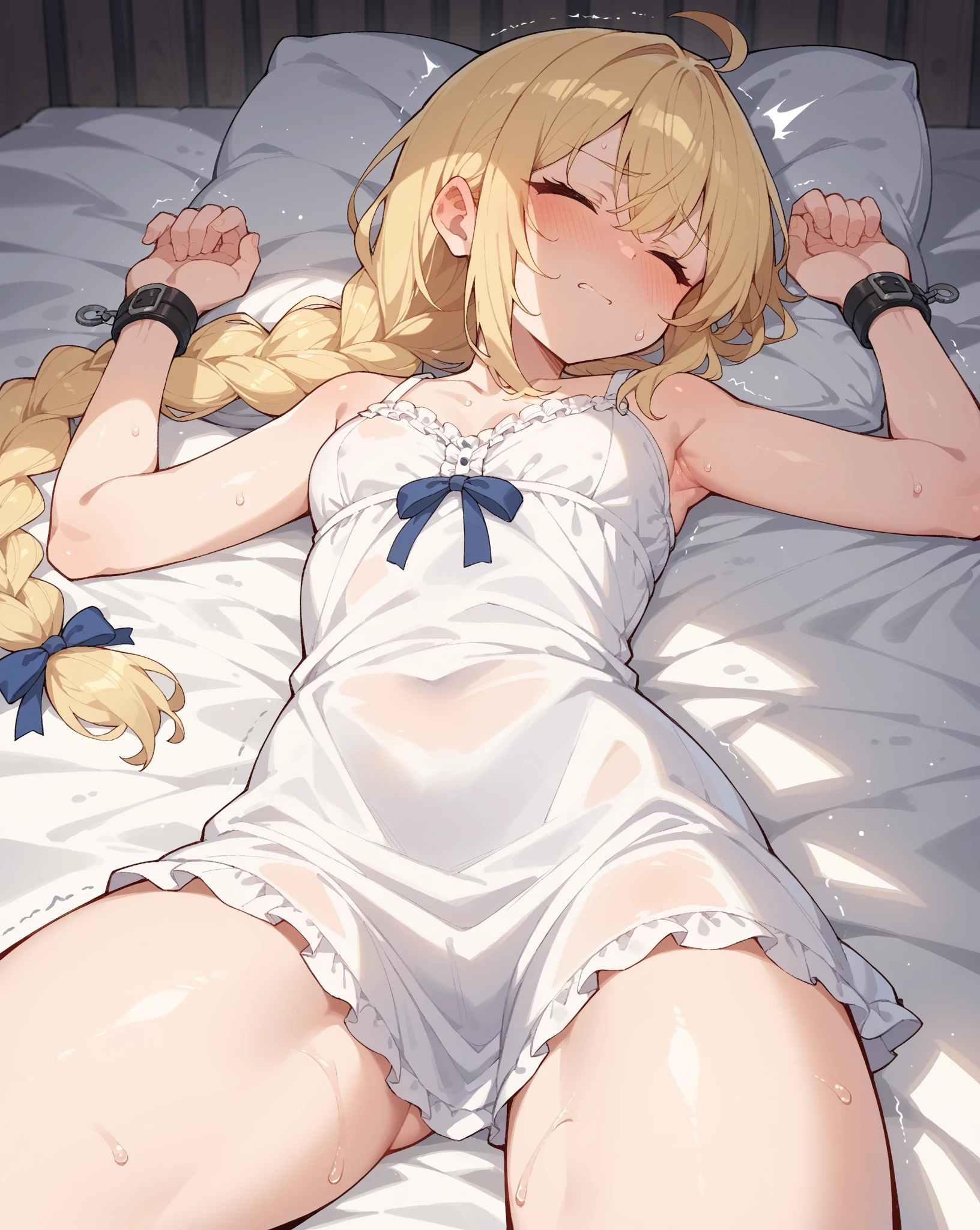 Shiny blond hair, very long hair, sophisticated haircut, ((((hair fully braided)))), ((small twisted braids)), thin and oval face, submissive, naked girl, (((gagged))), cute and blushing 18 years old anime girl, look away because she is embarrassed and blushes, (fidgets and tries to free itself from its constraints), bright blue eyes, detailed face, detailed members, detailed arms, detailed hands, ((((sparkling diamond jewelry)))), tiara, ((makeup)), high heels, puffy sleeves, long gloves, long eyelashes, ((((naked)))), Girl lying, tied by ropes, shackled, can no longer move, tied tightly, very hard tied up with lots of ropes, hampered by so many ropes that she can no longer move, bound hands and feet, ropes tie his whole body, tied extremely tightly and forcefully to her bed by a lot of ropes, its limbs are strongly tied together by ropes, his torso is tied up with thick cords, her chest is so tied up with ropes that it sticks out, her legs are tied tightly with thick ropes, his hands are tied behind his back with ropes, she can no longer move her feet, her hands which are tied by thick ropes, she desperately tries to free herself, likes to be tied tight with big ropes, likes to be immobilized by big ropes, lying down, his hands and feet are strongly tied to the railing of his bed, his legs are pressed together and tied with ropes, its limbs are held vigorously by imposing ropes, her hands are tied securely behind her back by ropes, her chest is compressed by strong ropes, she is pressed against her bed and restrained by large ropes, (ropes tie her entire stomach tightly), (her hips are tightly bound by thick ropes), (shibari, arms behind the back:1.4), (hands on the back), (masterpiece, best quality) 1.5, 1girl, solo, (sexy, beautiful woman, perfect face, perfect eyes, perfect hands), samus aran, (shibari, arms behind the back:1.4), (hands on the back), Spread the legs, s' ((lie in bed by big ropes)), ((close up of the girl)), ((((lie in bed))))