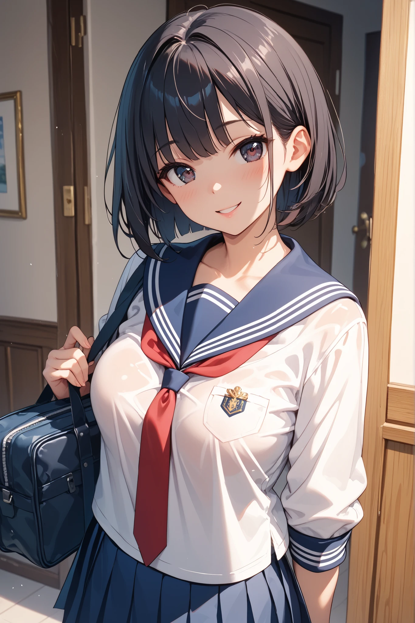 (((perfect anatomy, super detailed skin))), 1 girl, japanese, high school girl, shiny skin, large breasts:0.5, watching the viewer, from behind, 
beautiful hair, beautiful face, beautiful detailed eyes, (short hair:1.1, bob cut:1.2), dark blonde hair:1, blue eyes, 
beautiful clavicle, beautiful body, beautiful chest, beautiful thighs, beautiful legs, babyface, mole under eye, 
((short sleeves, navy cute sailor suit, navy pleated skirt, navy sailor collar, red sailor scarf, navy socks, brown loafers), school bag, cross necklace), seductive thighs, bottomless, 
((ashamed, , , open mouth)), (standing, panty shot, panty pull, undressing panty), 
(beautiful scenery), summer, beautiful definition sky, school gate, school,
8k, top quality, masterpiece​:1.2, extremely detailed), (, photorealistic), beautiful illustration, cinematic lighting, ,