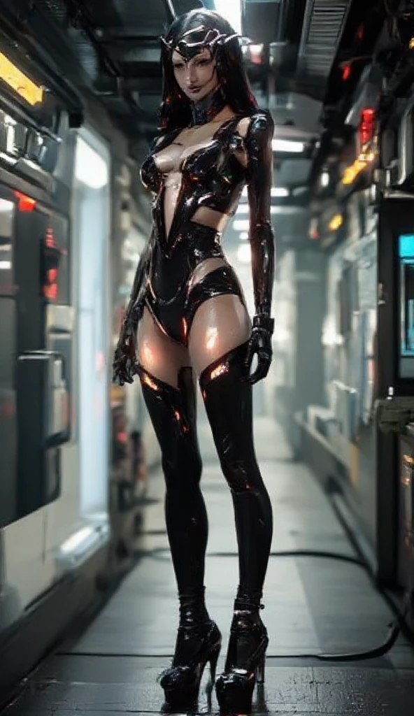 (1GIRL,SOLO:2), (super detailed face), ((BIG BUTTOCKS, HUGE FAKE BREASTS:1.5)), (CLEAVAGE TOP:1.5), (MUSCLE ABS:1.4), (MECHA GUARD ARM:1.5), ((WEARING BLACK RED SHINY OVERWATCH MECHA CROP TOP, MECHA GUARD LEGS, HIGH HEELS:1.6)), (LEWD VOLUPTUOUS BODY:1.3), (GLOWING SKIN:1), (LONG LEGS, FULL BODY:1.3), (LOOKING AT VIEWER:1.3), (female focus:0.886), (WALKING DOWN HALLWAY OF FUTURISTIC SPACE STATION:1), (BRIGHT LIGHT WHITE_ROOM:1.3), SUPER TEXTURE, UNREAL ENGINE RENDER, PHYSICALLY-BASED RENDERING, ULTRA HIGHT DEFINITION, 16K, 1080P.