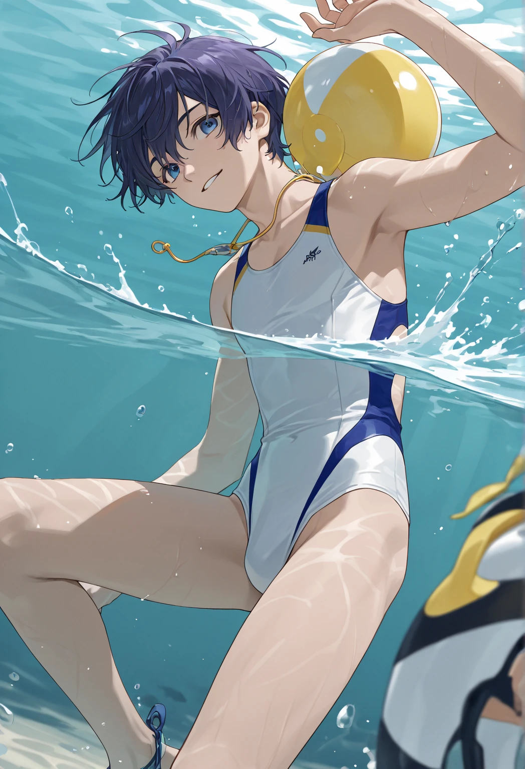 Magical smiling male water boy with dark blue hair in tight full body bluewetsuit in the sea, with noticeable wetuit bulge