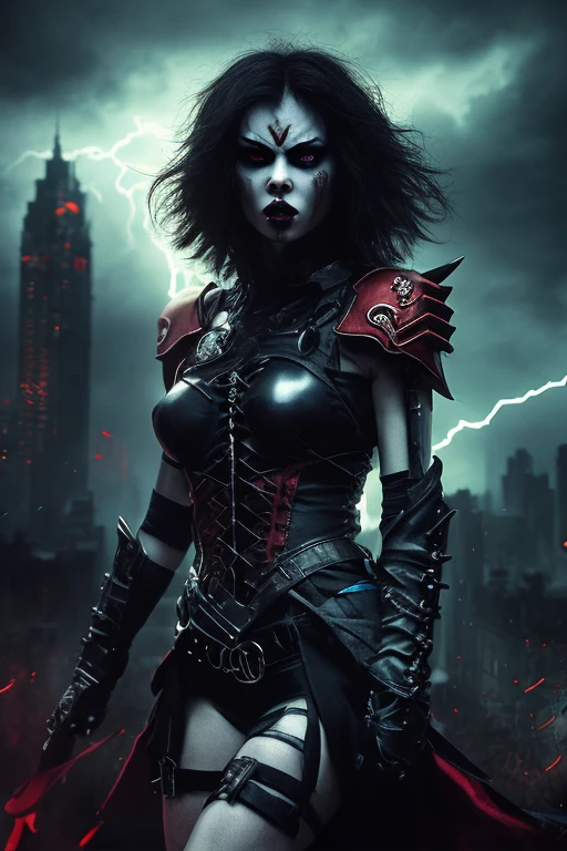 powerful (Demonic creatures:1.2), Red tech goggles, Devil Mask, androgynous male, Strong pose, Tech Heavy Armor, rail, metal gear style, Effects of lightning, Lightning effect, Rain falls in the dark sky, Thor, Black Hair, Hell City Background, High-rise buildings, Hell Tower Background, Deep red, Apocalyptic, long distance, whole body, Face in perfect detail, Detailed symmetrical circular iris, Realistic, stunning Realistic photograph, 3D Rendering, Octane Rendering, Exquisitely crafted, Cinematic, Isoscale, Dark Fantasy Theme, Mysterious, Dark Theme, Underworld Theme, deviantartmasterpiece, White skin, Crimson Eyes, Dark tattoos, Color Grading, Dark illustration, Superior quality, Very detailed, Highly detailed face, Ultra HD 8K, Dark lightning, Concept Art, Ultra-detailed, Exquisitely crafted gothic art, 3 colours, Fantasy, Intricate details, Splash screen, Complementary Color, fantasy Concept Art, 8k resolution, Soft lighting, Film Photography, Film Grain, Hyper Realist