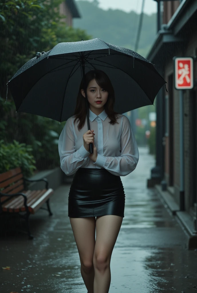heavy rain,Daytime,Walking on a wet city sidewalk ,drenched, Dripping, Wet Face,Wet clothes, Wet Skin, Wet Hair,(A young woman with a cute face like an idol),(((Cleavage))),(business suit),(mini skirt),((Full body portrait)),RAW Photos,Genuine,Genuine,High resolution,RAW Photos,masterpiece, beautiful