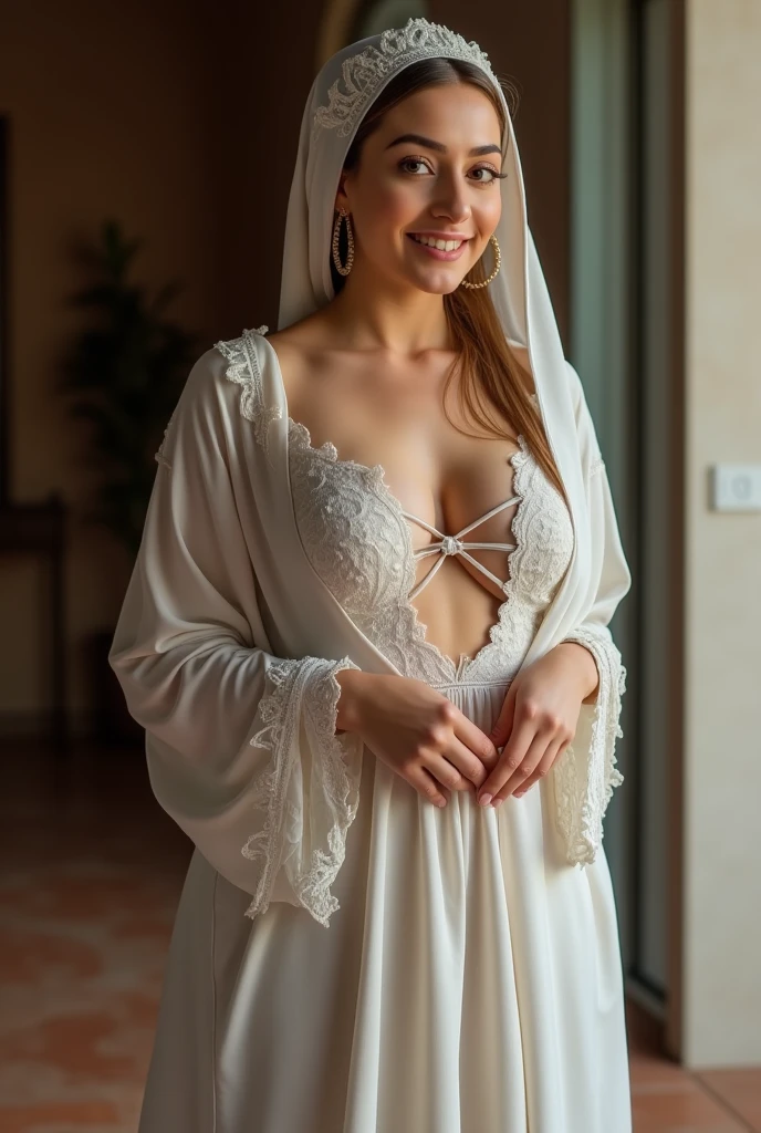 In dieser raffinierten Szene, eine elegante und faszinierende Frau, etwa 50 Jahre alt, ziert die Umgebung in einem leuchtenden Spitzennachthemd. The colorful lace robe gracefully drapes her figure, adds a touch of royalty to her presence. Ihr graues Haar, mit Raffinesse gestylt, umrahmt ihr Gesicht, und ein paar anmutige Falten zeugen von der Weisheit und Erfahrung, die mit dem Alter einhergehen.

Different camera angles capture this woman&#39;s nuanced beauty. Eine Nahaufnahme hebt die komplizierten Details der Spitze hervor, Sie stellt die Handwerkskunst zur Schau, which complements her refined taste. A larger shot encompasses the luxurious space around her, was ihren Reichtum und Einfluss widerspiegelt.

Der Gesichtsausdruck der Frau strahlt eine Mischung aus Selbstvertrauen aus, Gnade, und ein subtiler Hauch von Geheimnis. Her gray hair and the soft lines on her face give her an authenticity, We celebrate beauty, die mit der Reife einhergeht. Diese Komposition soll den zeitlosen Reiz und die Raffinesse eines reifen Mannes vermitteln, einflussreiche Frau.