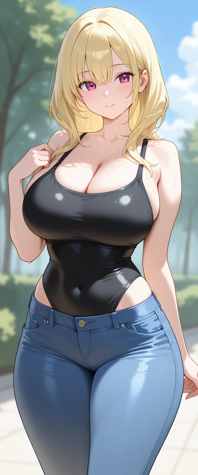 Mina, (detailed lighting, extremely detailed skin, extremely detailed hair, shadows, 8k), looking at viewer, (High Key Lighting); thicc thighs, huge breasts, wearing denim shorts and a crop top, in swimming pool,pure eyes, realistic pupils, highly details eye, perfect anatomy, good anatomy, good composition,