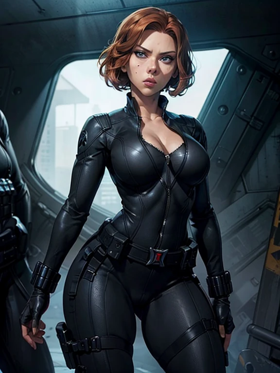 "Scarlett Johansson as Black Widow crouched low in a stealthy position, her eyes scanning the area for enemies. She is in her black tactical suit(cleavage showing), blending into the shadows. Her left hand is on the ground for balance, and her right hand is gripping a sleek, high-tech pistol. The background is a dimly lit, industrial facility with pipes and machinery."; highly detailed eyes, beautiful lips, black eyeline, Ultrarealistic, cinematic lighting , PhotoRealistic