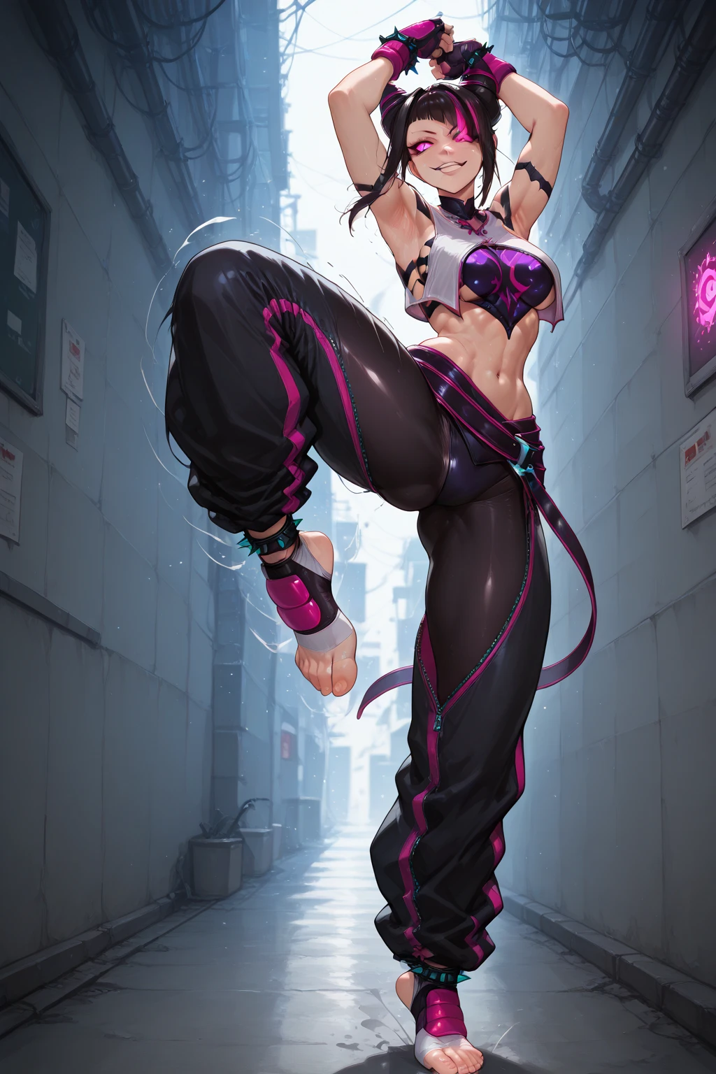 Este es un fondo de pantalla CG Unity 8k con ultra detallado, high-resolution and top quality in cyberpunk style, dominado por el negro y el rojo. En la imagen, Una hermosa chica con trenza larga, un rostro caucasian delicado, wearing a steam mecha mask, de pie sobre las ruinas, (Battle Damage: 2.5)atacando, ladeando las caderas