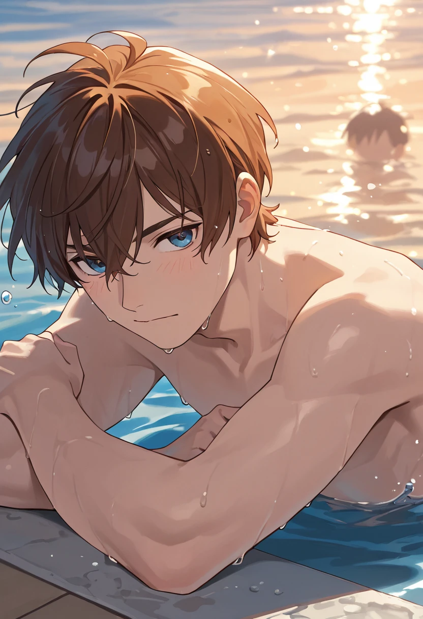 anime boy, manwha, semi realistic, short black hair, golden eyes, soft features, , tende, swimming in beach using Duckling floats