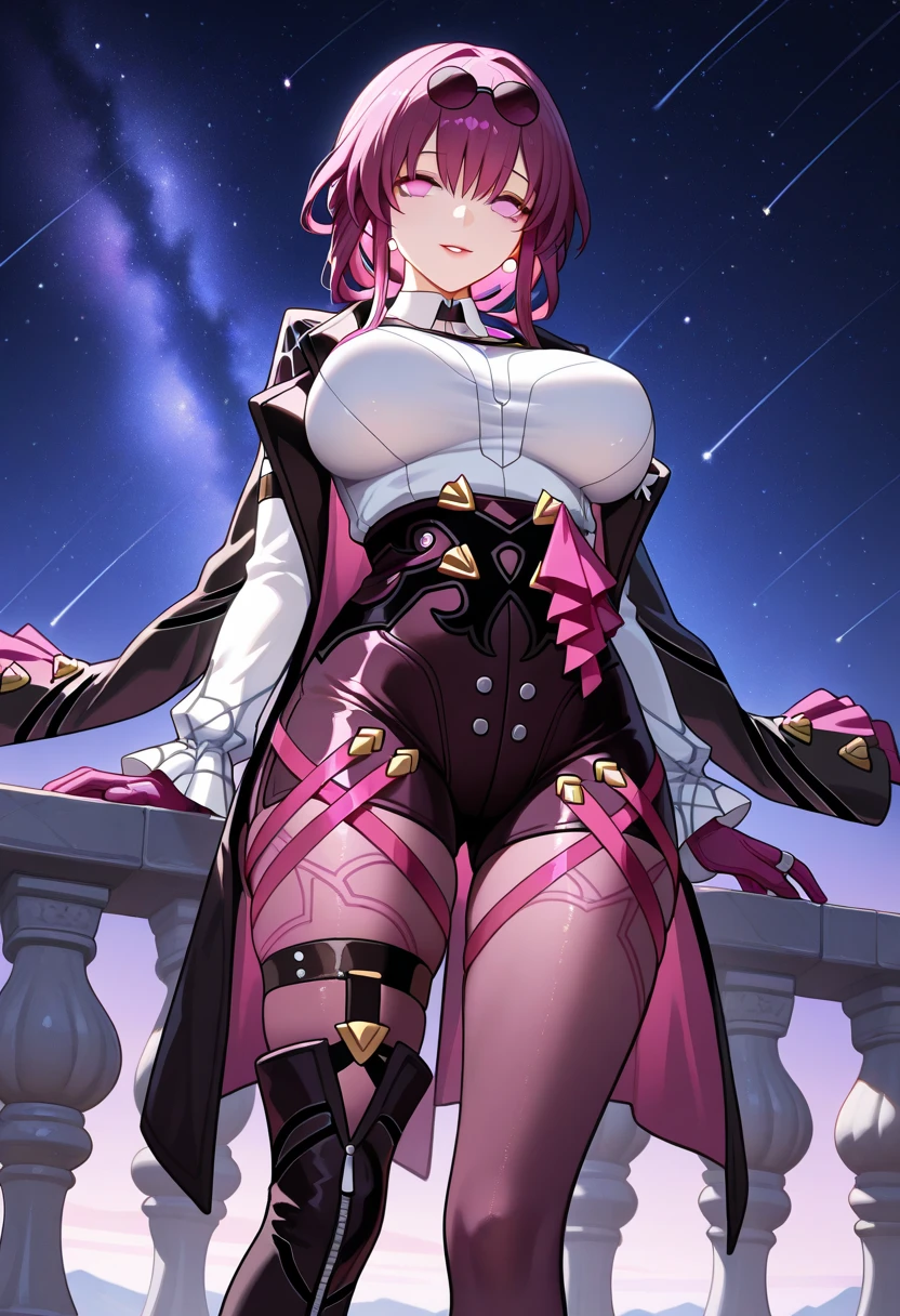 ((best quality)), ((highly detailed)), extremely detailed face, beautiful face, , <lora:more_details:.3>, (1girl), (solo), top view, looking up, dynamic pose, full body, <lora:wicke_pokemon:1>, mommy wicke, purple hair, short hair, big hair, green eyes, glasses, pink-framed eyewear, large breasts, smiling, pink sweater, ribbed sweater, long sleeves, turtleneck, buttons, white capelet, underbust, white skirt, pencil skirt, high-waist skirt, pantyhose, high heels, boots, white footwear, (outdoors, in a church, midnight, night sky, stars, half moon, shooting star)