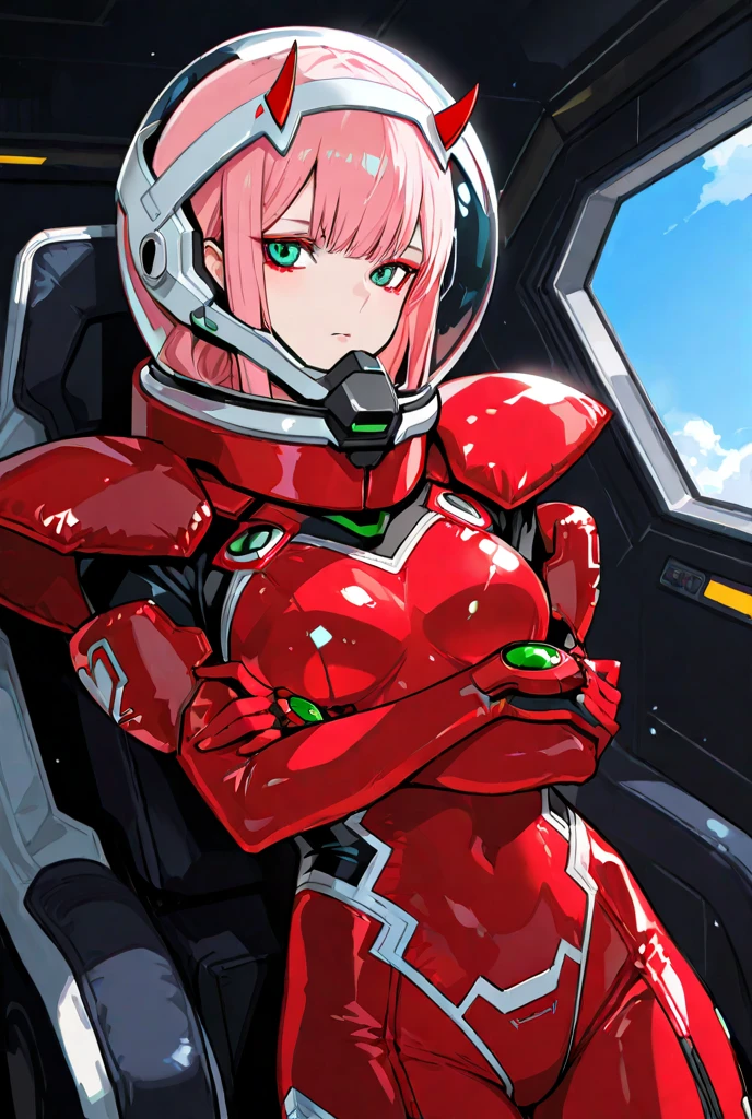 Masterpiece, top quality, best quality, official art, beautiful and aesthetic, anime, 1girl, Zero Two, extremely detailed, colorful, more detailed ((ultra-detailed)), (highly detailed CG illustration),smile,horny,detailed face,pink hair, big green eyes, red body suit, in middle,skinny fit, small breasts,from behind,spaceship