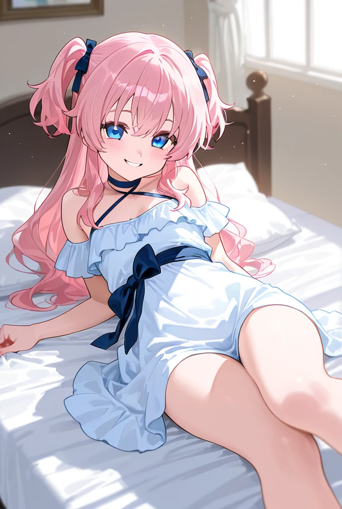 (8K、Top image quality、top-quality、masterpiece)、1 loli、Pink hair、Long to Side Up、light blue eyes、evilsmile、Smaller chest、Camisole dress、bare-legged、sit on a bed、bedroom background