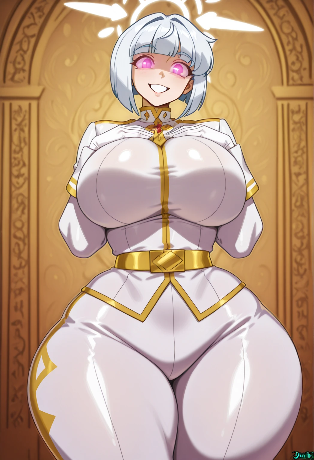 earrings, braided ponytail, puffy sleeves, gold trim, gloves, bodysuit, breast curtain, shoulder cutout, covered navel, hip vent, clothing cutout, tassel, (luxury livingroom background), ShenheV4, anime cels style, best quality, high resolution, 1girl, (huge breasts:1.2), beautiful face, grey hair, long hair, hair ornament, hair over one eye, blue eyes, cowboy shot, smiling