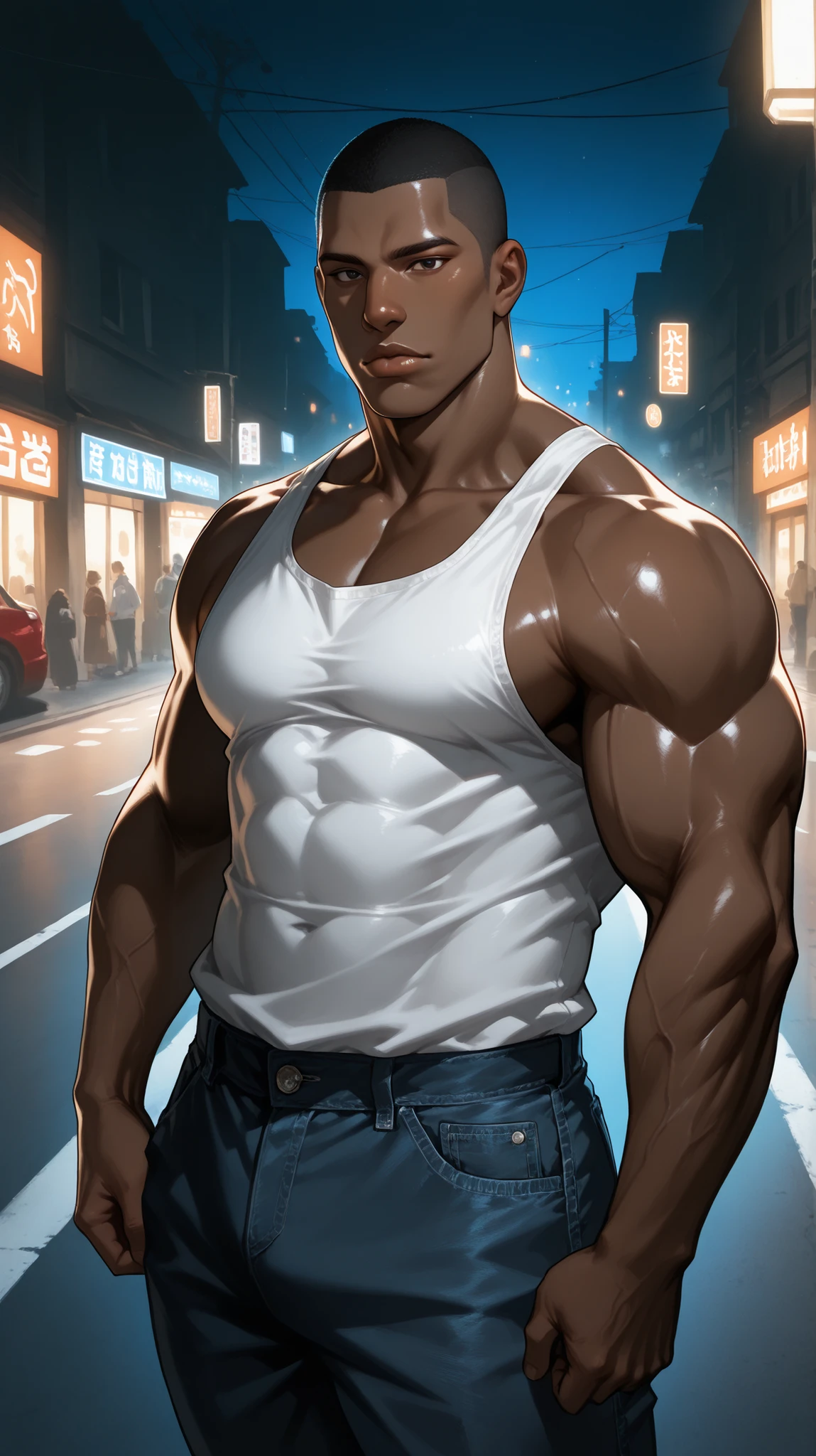 very aesthetic, 걸작, 고해상도, 8k 해상도, high contrast, (semi-realistic), newest, koreanai, RP-Illu, best_quality, finely_detailed_eyes_and_detailed_face, (1 black_man), solo, buzz_cut, (dark_skin:1.6), white tanktop, denim_pants, (street, night), looking_at_viewer, dynamic_angle, (muscular:1.4),(strongman:1.5), (tall_height), black_eyes, big_nose, thick_lips, black_hair