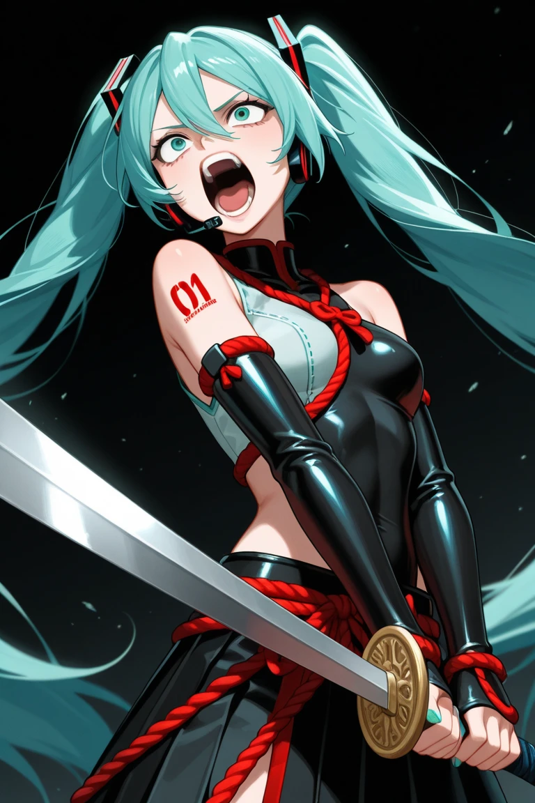 hatsune miku wearing red and black leggings and a tight black croptop, holding a katana, another katana on her back, cameltoe, imposing figure, cute