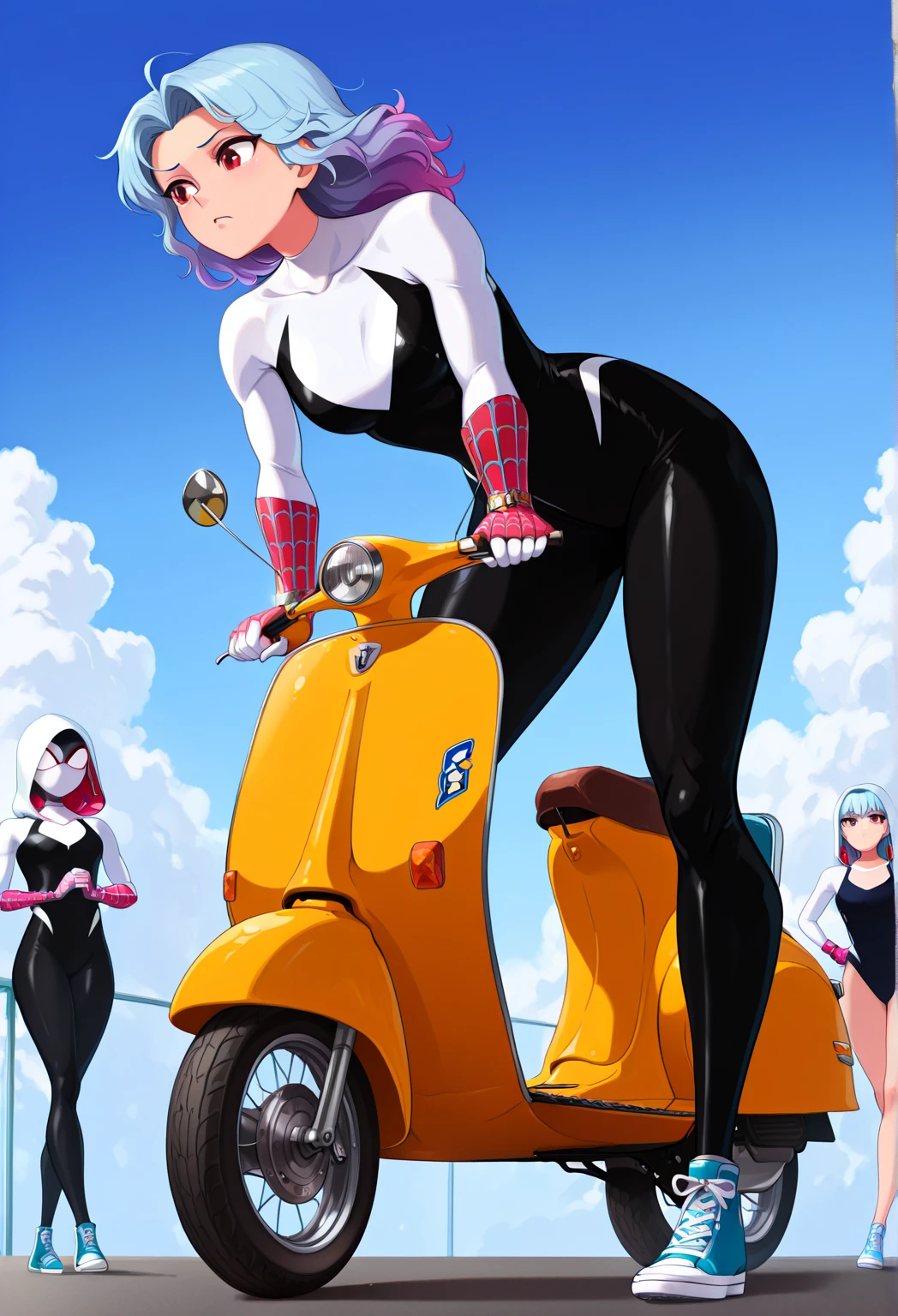 (masterpiece,  best quality:1.4),  top quality,  8k resolution,  sdrhstyl3,  pie eyes,  ultra-detailed portrait,  mid-shot,  bloom,  traditional media,  retro artstyle,  poster (medium),  2girls,  facing viewer,  blonde hair,  open mouth,  standing,  wide-eyed,  eyelashes,  makeup,  looking at viewer,  curvy,  riding boots,  gloves,  star (symbol),  ,  racesuit,  goggles,  ground vehicle,  instrument,  musical note,  perfect female figure,  motor vehicle,  scooter,  vespa,  bangs,  floating hair,  goggles on head,  motion lines,  speed lines,  border,  spot color,  simple background,  starry background,  ,  smoke,  numbered,  outline,  particles,  hatching_(texture),<lora:EMS-223265-EMS:0.600000>