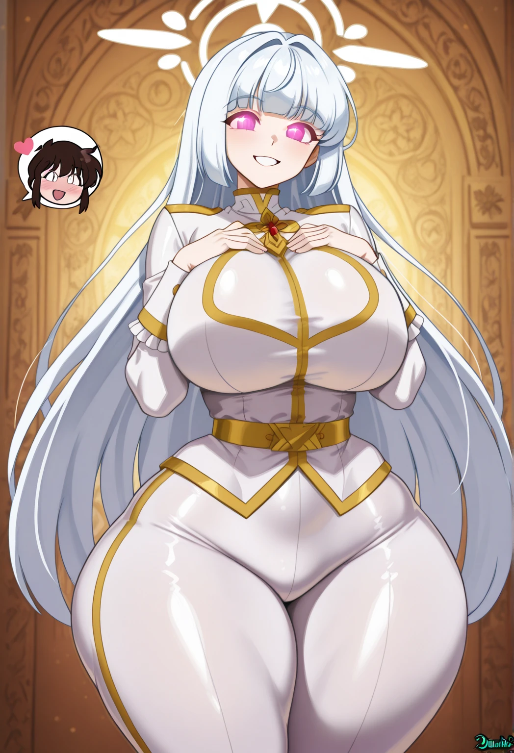 1girl, dark skin, dark-skinned female, bunny ears, rabbit ears, huge breasts, thick thighs, hourglass figure, mature female, white leotard, bunnysuit, leotard, white hair, long hair, golden trim, yellow eyes, gold trim, mature female, shy, timid, cleavage