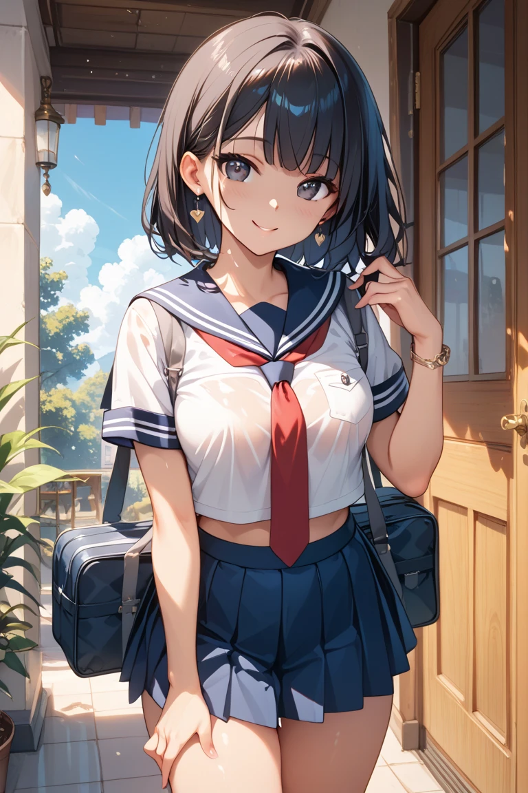 "(perfect masterpiece:1.2), (highest quality:1.2), stunning face, compensate, long and luxurious eyelashes, lip whole, irresistible charisma.",(()),(((twin tails))),raised his arms,NSFW,(((Chubby))),((((school uniform))),hair clip,wallpaper,(((black hair))),very long bangs,hair between eyes,((Are fat)),blue skirt,have a school bag,black long socks,smile,((((tanned skin)))),blue eyes,Pants with laces