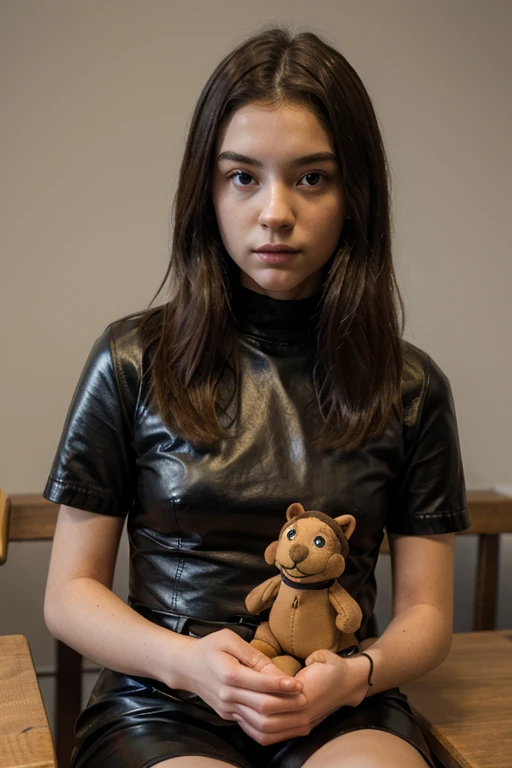 Photo of Jenna Ortega in a spaghetti strap tank top and pleated skirt punching an Ewok, very long hair, exposed thighs, very pale skin, alone, blue eyes, reverse bob haircut, hyper detailed, Looking at the Viewer, Hourglass Body, muscular, cozy atmosphere, photography, Photo Session, Captured by Panavision Panaflex Platinum Camera with Panavision Primo Primes Spherical Lens 50mm T1.9