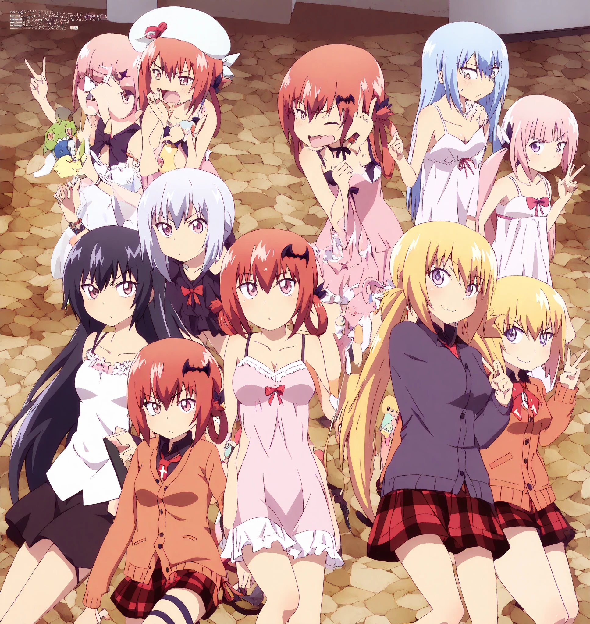 masterpiece,high quality,Multiple girls,organize,Same sisters,blond,curls,(brown hair sisters,blond sister,many sisters,Matching hairstyle,Different hair colors),Hazel eyes,Large bust,((Matching clothing,) )、Smile、Same height、Organizing attitude、Full body photo lying on bed