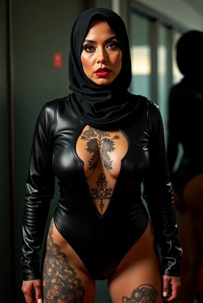 "Confident and sensual thicc goth mature woman posing sensually in a bedroom, adorned with intricate tattoos, wearing a sleek latex hijab and revealing her natural beauty, evoking a sense of liberation and seduction, expressing vulnerability and desire."