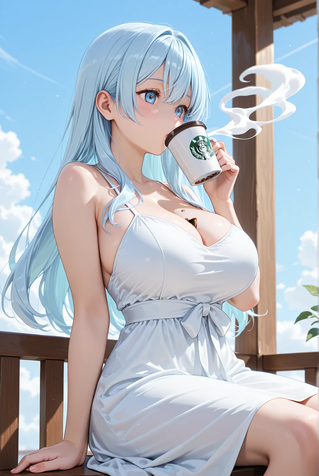 A sexy girl with pink twintail, large breasts, fair skin, and cyan eyes, in a street. She is wearing a wet white dress with golden hues. Her skin is fair, her face is blushing, a masterpiece. With anime-like tones