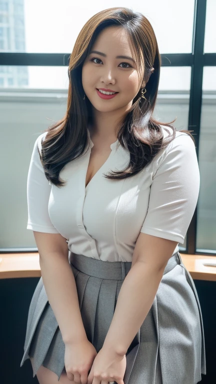 ((Highest quality, 8k, masterpiece, Portraiture: 1.3)), (Looking at the audience), (Full Shot:0.85), Attractive business mature woman, 1 person, A little chubby:0.4,Brown medium hair、 White collared shirt, Grey tight skirt,((Big Tits 1.6)) (Large pelvis:0.9), ((Are standing)), smile:0.2, conference room、,Good posture、カーテンを閉め切ったconference room、A little dark room、