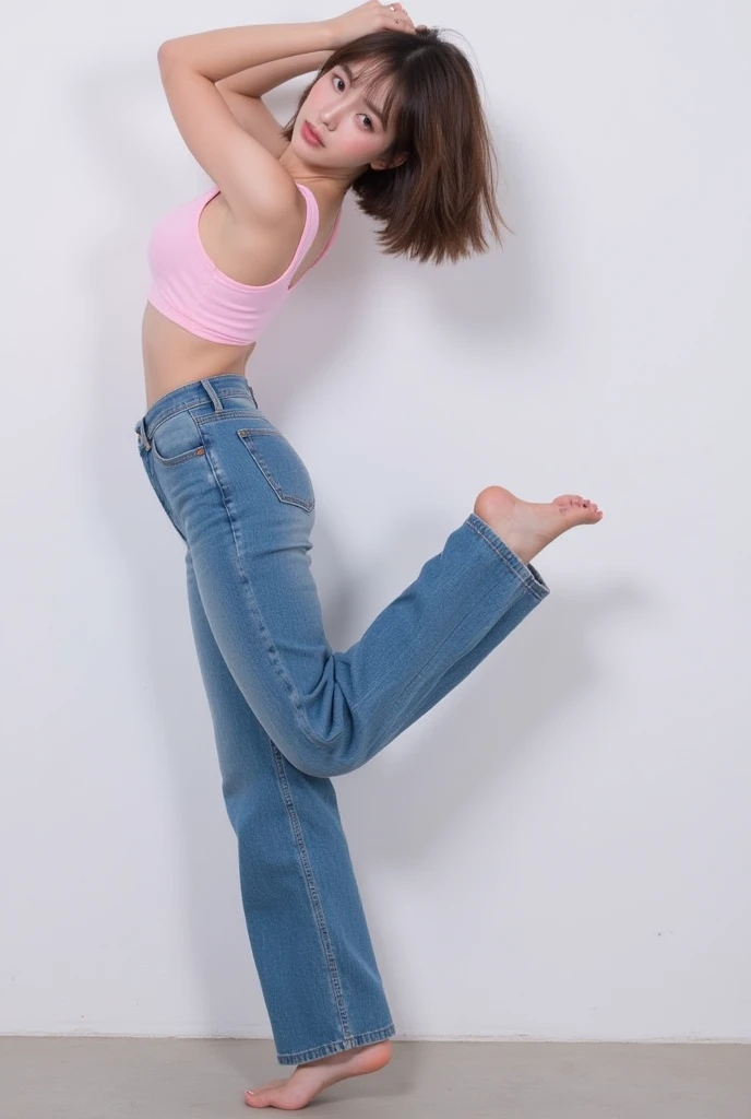 Open shirt, (((Leaning forward))), ((,Round face, Around 17 years old,mini skirt、loose tank top)),  Long Hair, , Natural Makeup, Lips become thicker, Sexy Gaze, barefoot, ((Raise one leg)),  Shooting from below,Gentle expression ,((Extremely precise and accurate anatomy)),  (masterpiece:1.43), Perfect proportions, Realistic photos, Full Shot, whole body, (height: 165cm), 