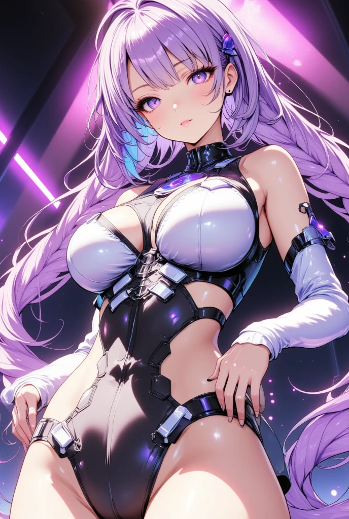 1girl (masterpiece, round_iris, extremely crisp crystalline shiny purple eyes, perfect_anatomy, extremely_captivating_hypnotic_mystic_eyes, ) perfect face, long pink hair, smiling evil, big breasts, wearing a skirt and bra, gamer girl, gaming room, dynamic pose, best quality, 4k
