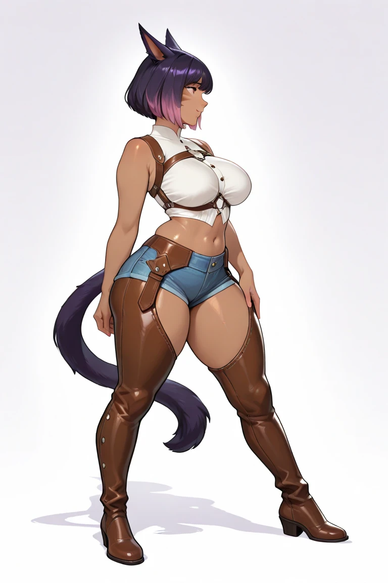 (solo) female anthro zebra, long blond hair, zebra, big breasts, attractive, workout bra, yoga shorts fit body, hyena tail, arachne eyes, thicc, freckles, freckles on face, smug eyes, (mad expression), she is standing look to the right, violet background, simple background, thick thighs (dark skin, ebony, deep ebony) (side view) high heels