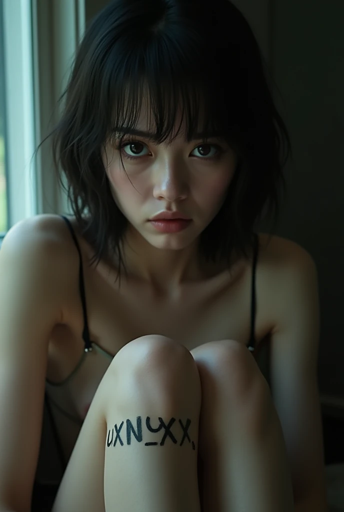Best quality, masterpiece, ultra high res, (photorealistic:1.5), raw photo, 1girl, offshoulder, in the dark, deep shadow, low key, cold light, sexy look, short hair,black hair, black eyes, full body