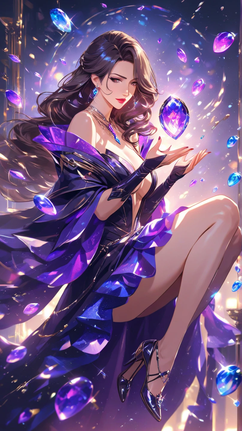 beautiful girl queen jester, halft black white hair, Eye pupils in the shape of love, jester dress, jester crown, card magic aura around her, clover and love card particles are red, red aura is blue like water, HD lighting and dark )<=(epic image quality)dark atmosphere with bright particle light(many effects in background