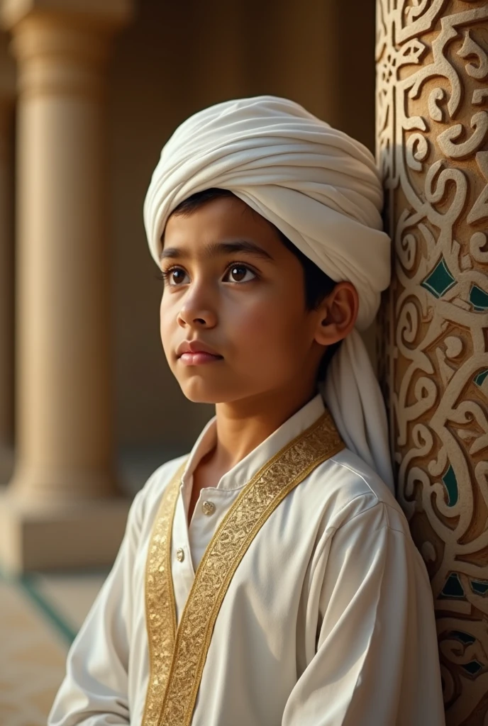 ((Best quality, 8k, Masterpiece :1.3)), 1 boy of 10 years, curious about God's statue: 1.3, (short hair, innocent face: 1.2), traditional Indian attire: 1.2, ultra-detailed facial features, inquisitive eyes, small lips with a smile, detailed clothing, hands folded in prayer, simple yet expressive pose, traditional headgear, (backdrop of a temple).