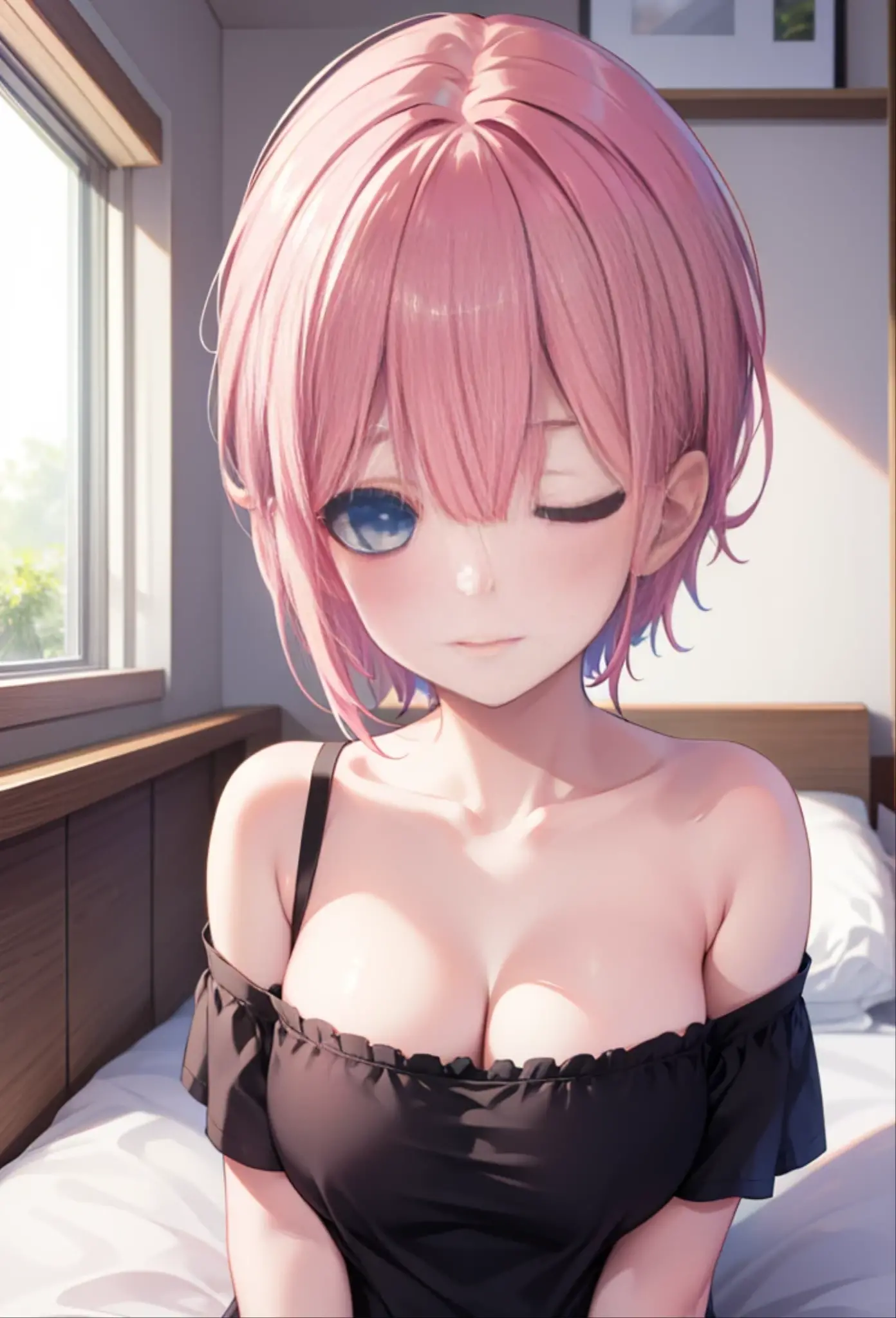 muste piece、masterpiece、highest quality、Super detailed、High resolution、8K portrait、High definition CG of Unity 8k wallpaper、cute type little:1.5、Lori:1.5、Highly detailed CG unity 8k wallpaper、Realistic、real person、 portrait photography、shiny skin、High definition、(16 years old:1.2)、(1 girl)、beautiful clear eyes、extremely detailed description、delicate face、nice lips、slender body、(thin waist)、thin legs、(bed room:1.6)、1 girl, cute type, perfect face, seriously, (blush:1.8),(Pink hair bob:1.3),(hair ornaments:1.2),(big breasts:1.3),((underwear:1.3)),(looking at view),(from front),(disapproval face:1.5)